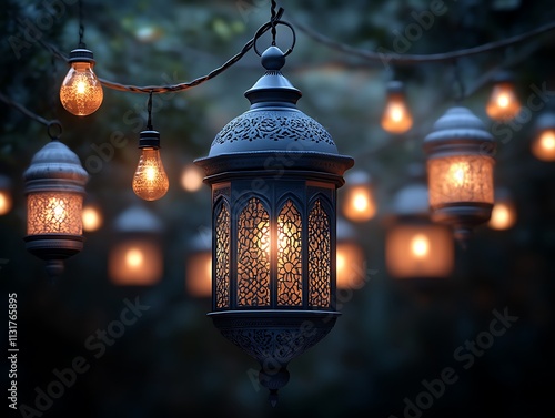 Ornate Lantern Illuminates Nighttime Garden Scene photo