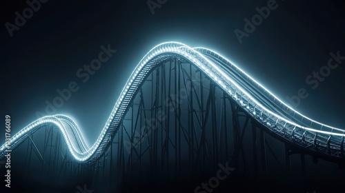Glowing roller coaster track at night.