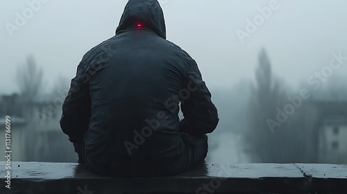 Hooded man sits alone on a foggy city ledge.