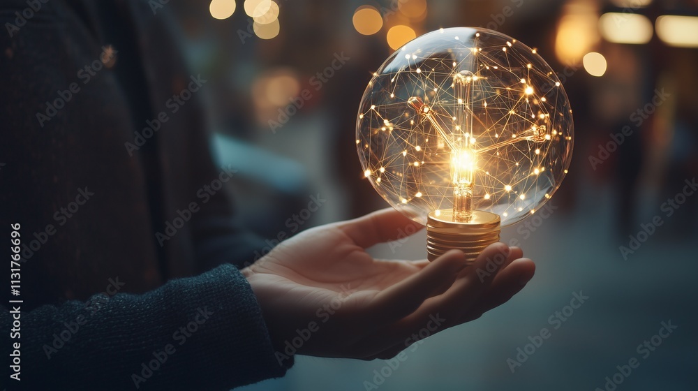 Fototapeta premium Person holding illuminated globe lightbulb network