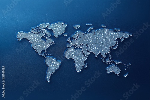 World map formed by water droplets on dark blue surface. Global view with clear outlines. Water droplets show continents details. World map on glass. Global view of world. Map of world. Water photo