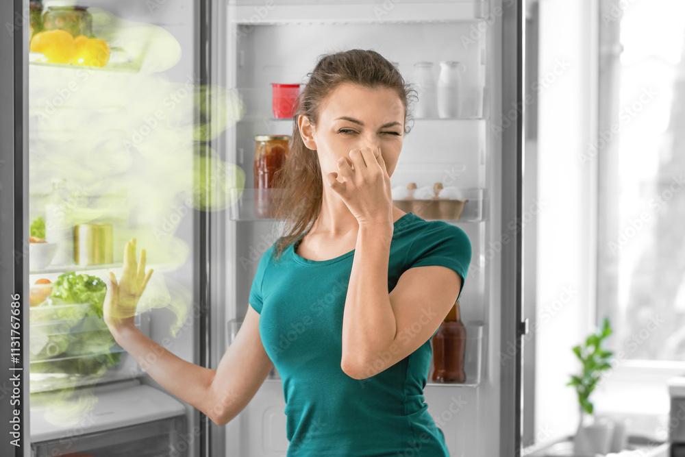Ταπετσαρία Young woman feeling bad smell from refrigerator in kitchen