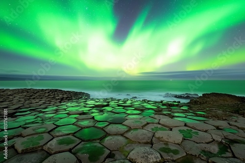 Enchanting Green Northern Lights Over Giant s Causeway for St  Patrick s Day photo