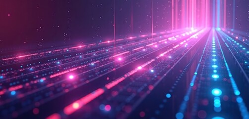 Futuristic tech background shows vertical gradient lines of purple, blue. Glowing dots light up lines. Abstract design evokes advanced technology. Image suitable for tech, data, digital themes. Great