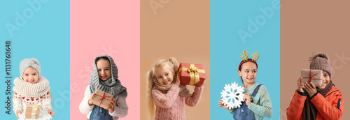 Collage of little children in winter clothes, with gifts and Christmas decor ...