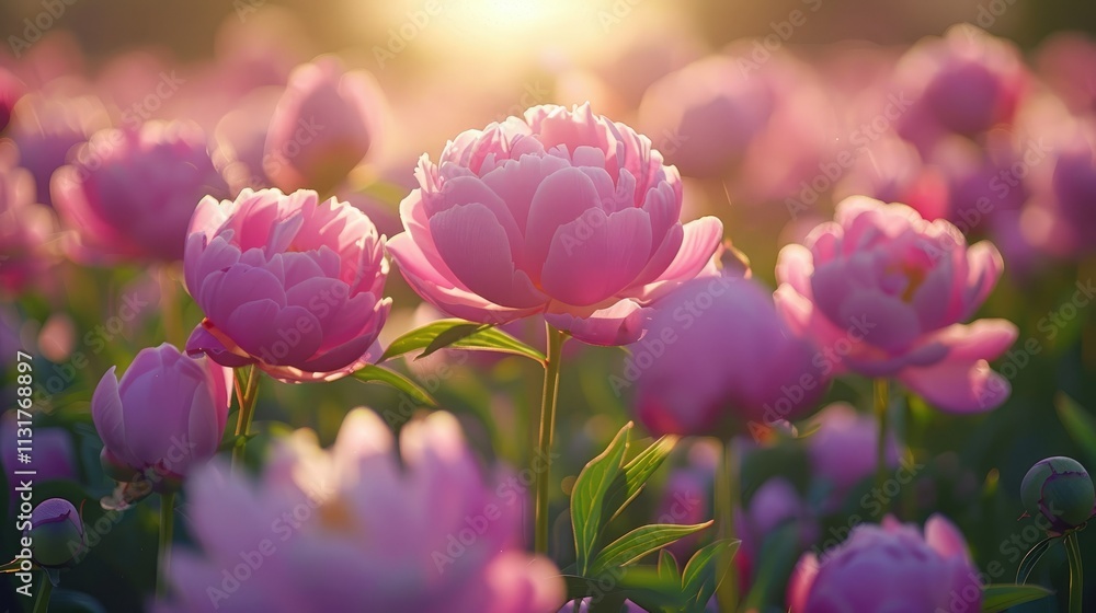 Obraz premium Pink peony flowers bloom in a field at golden hour. Sunlight highlights blossoms.