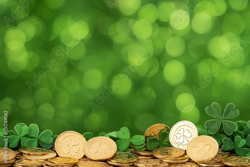 Vibrant Festive Banner with Shamrock Vines Golden Coins and Green Ribbons for St  Patrick s Day photo