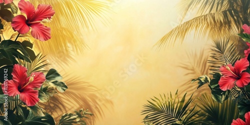 Tropical Paradise: Vibrant Hibiscus Blossoms and Lush Palm Fronds in Golden Sunlight