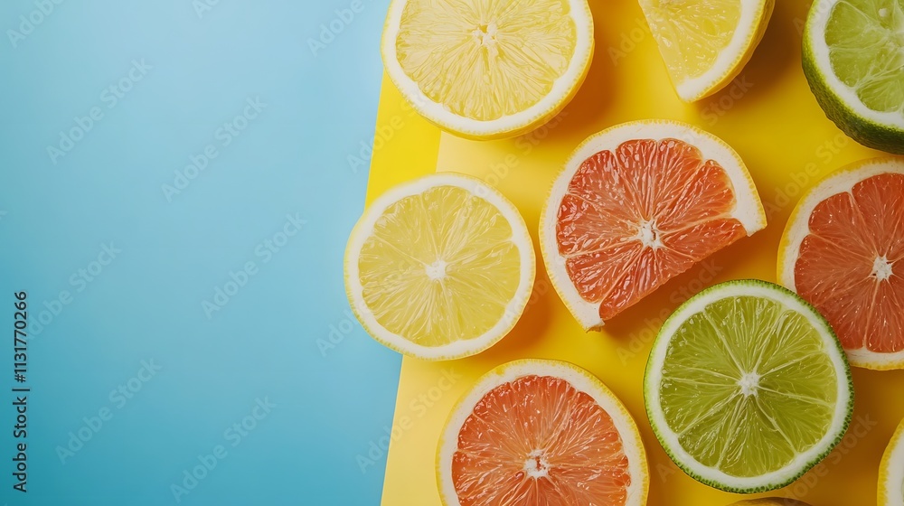 Fototapeta premium Colorful Citrus Fruit Slices on Yellow and Blue Background