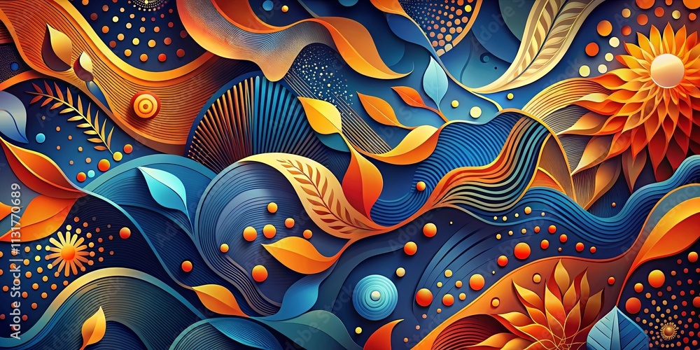 Naklejka premium Abstract Tapestry of Intertwining Lines and Shapes with Layered Floral Motifs in Vibrant Hues of Blue and Orange