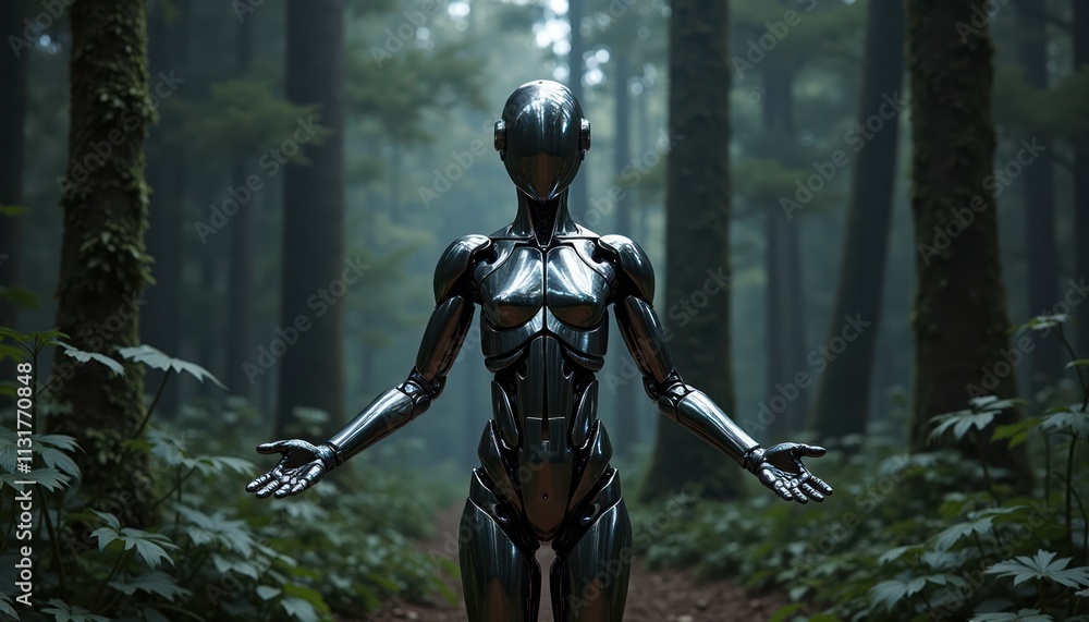 Fototapeta premium Metallic humanoid figure stands in dark forest. Open arms embrace nature. Futuristic design blends with eco elements. Silent explorer in mysterious woods. Tech meets nature. Potential for
