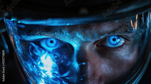 Cyberpunk Futuristic Closeup Intense Glowing Blue Eyes Behind Visor photo