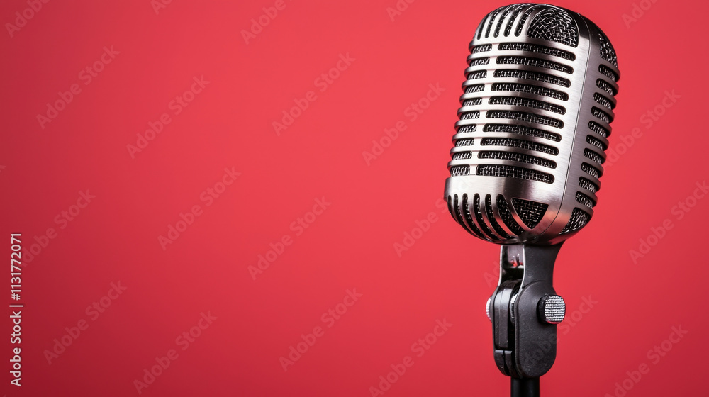 Fototapeta premium A vintage microphone stands against a vibrant red backdrop, highlighting its classic design and capturing the essence of music and performance.