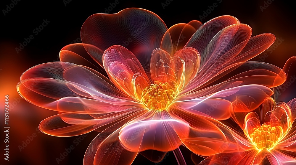 Obraz premium Glowing, translucent orange and pink fractal flowers on a black background.