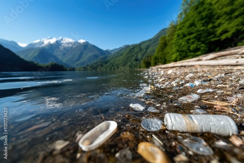 Plastic waste scattered along a beautiful lake shore reveals the pressing issue of environmental pollution and the impact of human activities on nature's landscapes. photo