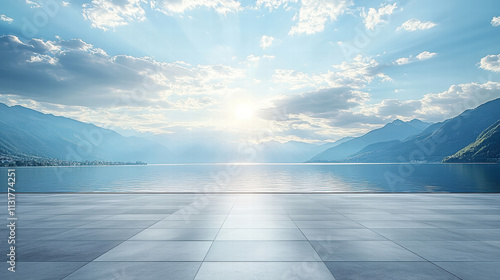 Empty marble floor with a beautiful sky and mountain background photo