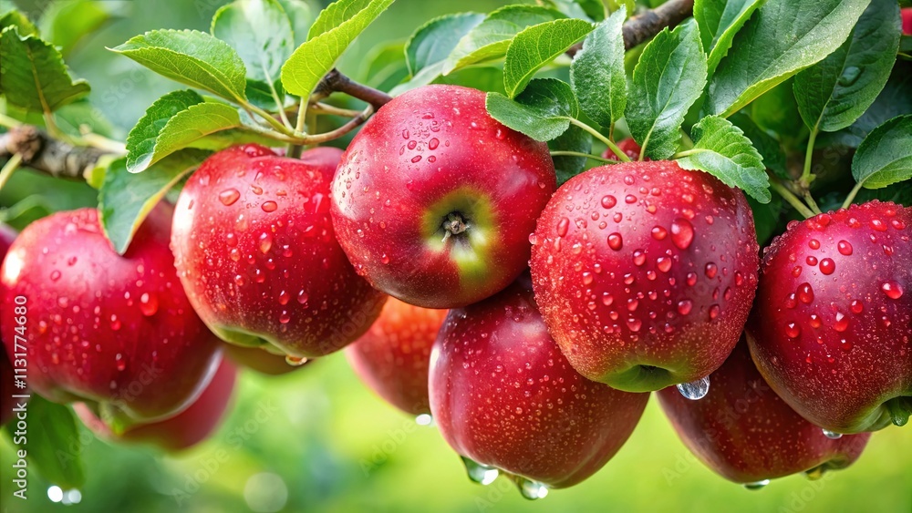 Obraz premium A cluster of vibrant red apples, glistening with dewdrops, hangs from a branch, showcasing nature's bounty and the promise of sweet harvest.