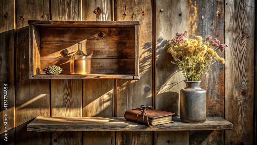 Obraz premium A rustic wooden shelf with a bottle, a dried flower bouquet in a vase, and a leather-bound book, bathed in the warm glow of sunlight.