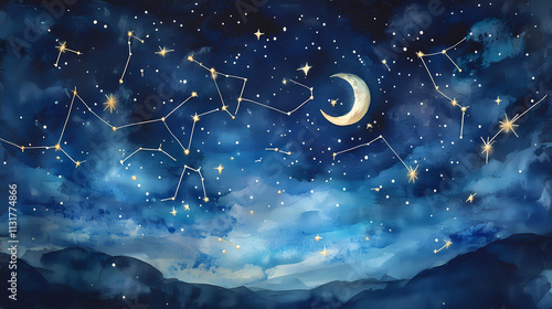 This watercolor depicts a romantic starry night sky filled with constellations, shooting stars, and a crescent moon. Starry. Illustration photo