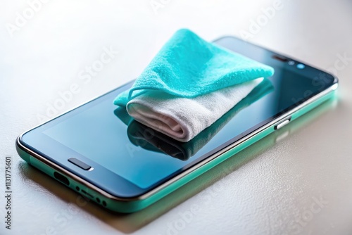 Wallpaper Mural Hand Cleaning Smartphone with Disinfectant Wipe - Tilt-Shift Photography of Daily Hygiene Practices to Combat Germs and Viruses on Electronics - Top View Concept on White Background Torontodigital.ca