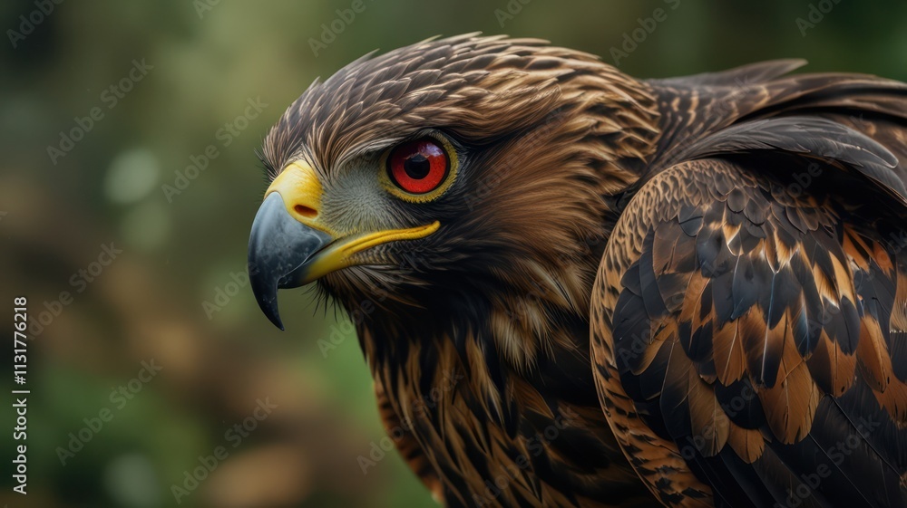 Fototapeta premium Close-up of a majestic eagle with intense red eyes and brown feathers.