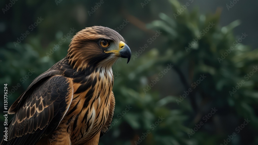 Fototapeta premium Close-up of a majestic hawk perched amidst lush green foliage.