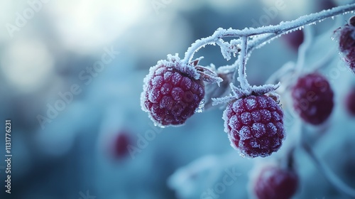 Frozen Raspberries on a Winter Branch photo