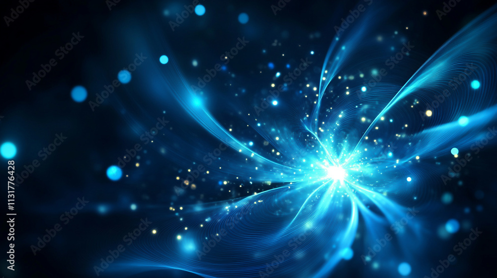 Fototapeta premium Abstract blue light burst with dynamic energy and glowing particles in dark background.