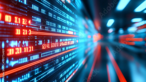 Abstract digital data tunnel with blue and red lights in a futuristic cyber concept.