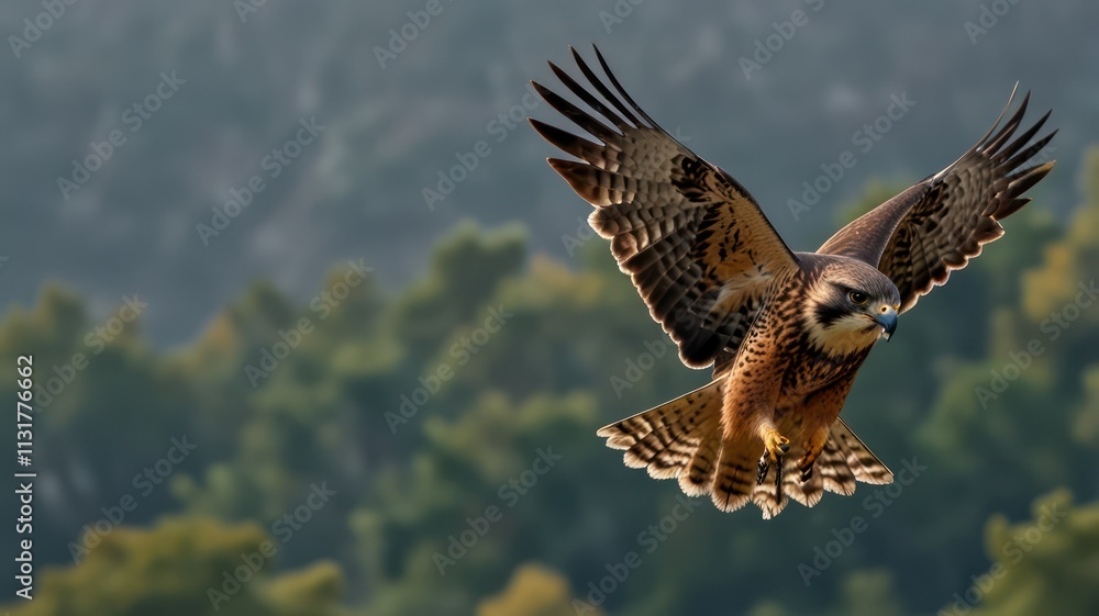Fototapeta premium Majestic hawk in flight over forest.