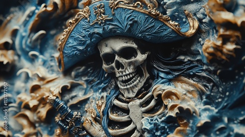 Intricate Pirate Skeleton Artwork with Ornate Hat and Flowing Hair in Blue and Gold Tones photo