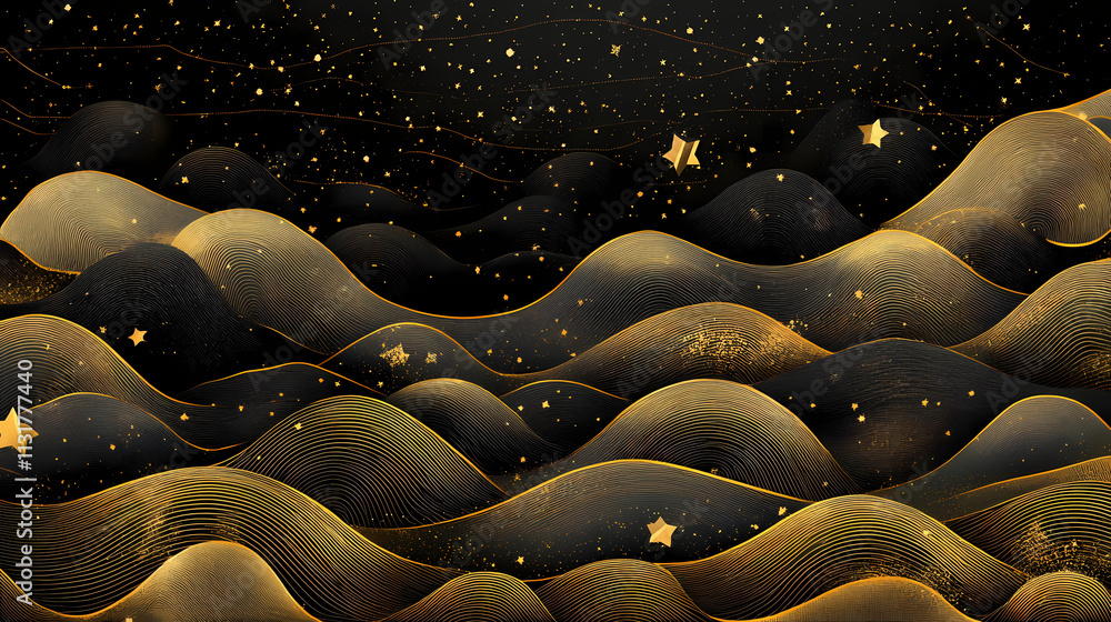 Obraz premium Luxurious black and gold starry pattern with waves, ideal for high-end wallpaper designs. Starry. Illustration