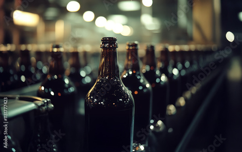 A mesmerizing glimpse into a nocturnal bottling plant. Rows of dark glass bottles gleam under soft factory lights, a scene of quiet, efficient production. photo