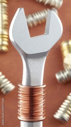 A close-up of a wrench with copper wire and screws in the background, emphasizing tools and mechanics.