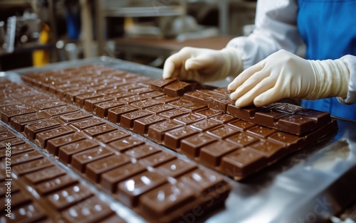 Expert hands carefully arrange rows of freshly made chocolate bars in a factory setting. A moment of meticulous precision. photo