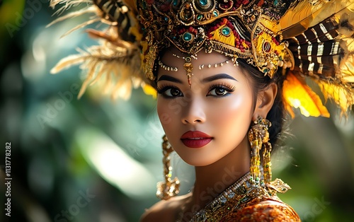 A young woman wearing a traditional Balinese headdress with intricate details and feathers, looking directly at the camera with a confident expression. photo