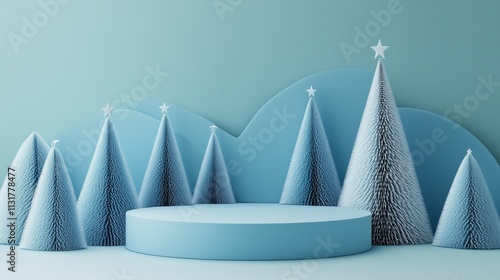 Minimalist Holiday Scene Featuring Blue Podium and Xmas Trees