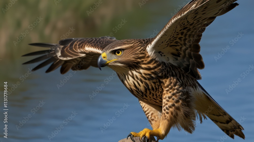 Fototapeta premium Majestic eagle landing near water.