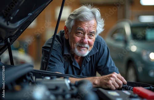 Older man working on car engine looks at camera. Mechanic examines vehicle parts. He is in a garage. He is smiling. Expert auto repair. Maintenance work. photo