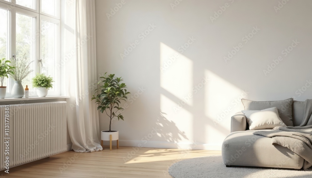 Fototapeta premium Bright living room with natural light. Light beige couch with white cushions and throw. Plants in pots next to a large window. Warm wooden floors and beige rug. Modern and minimalist design.
