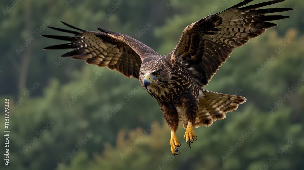 Obraz premium Majestic eagle in flight, talons extended, over forest.