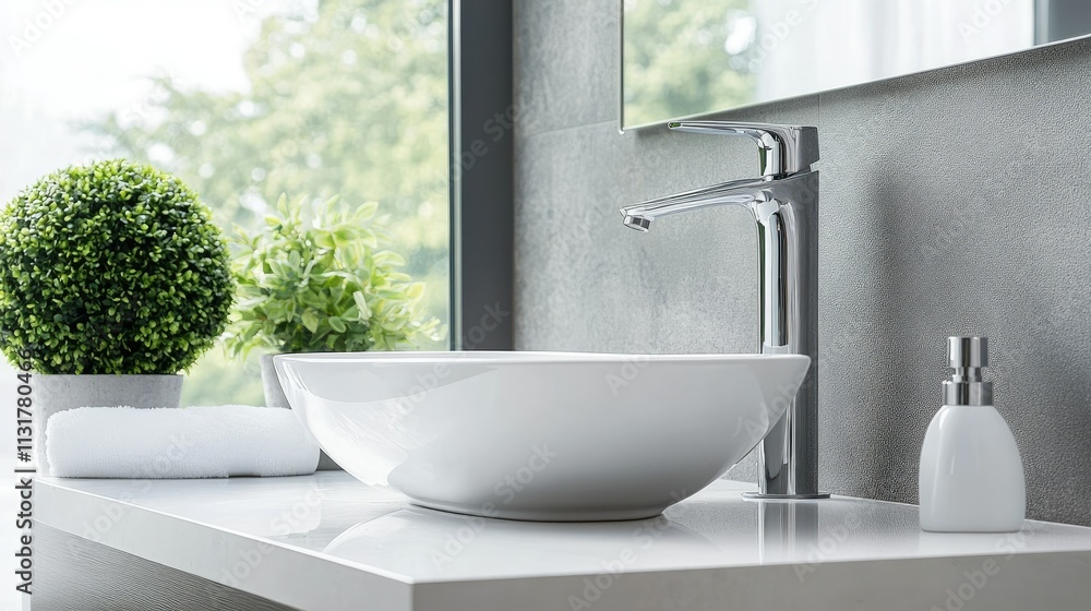 Fototapeta premium Stylish White Sink in Modern Bathroom Setting