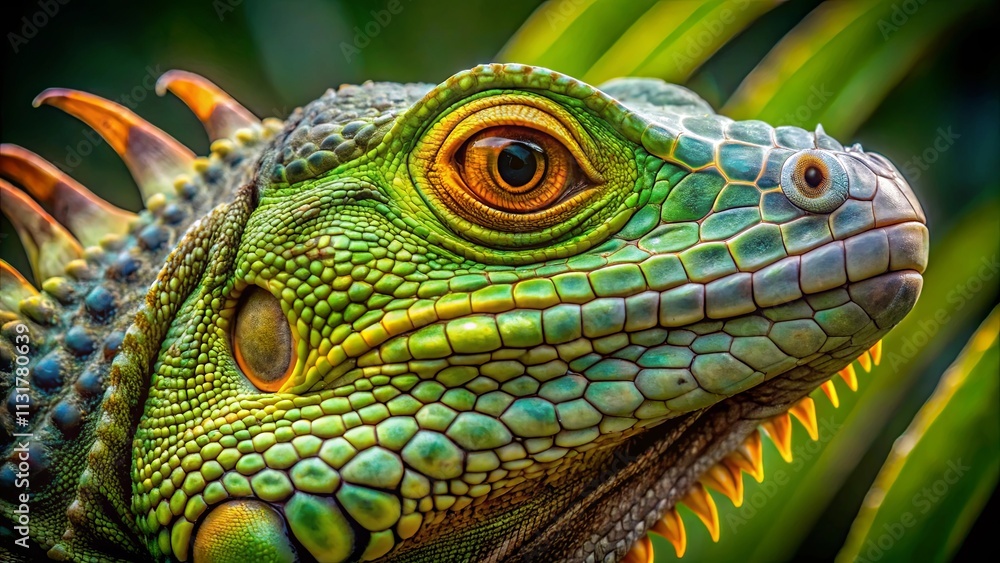 Fototapeta premium Close-up of a Green Iguana's Eye with a Detailed View of its Scaly Skin and Sharp Teeth