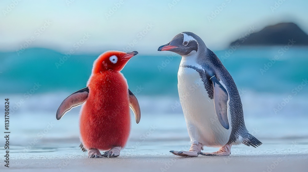Fototapeta premium Adorable Red Penguin Chick Gentoo on Beach Falkland Islands