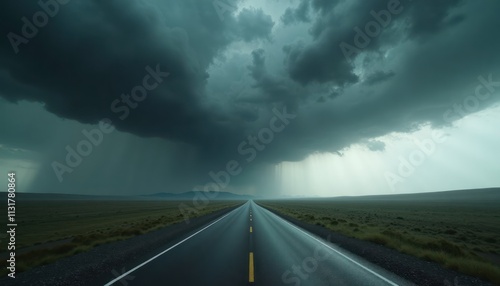 Endless road stretches under ominous storm clouds. Vast landscape stretches beneath heavy sky. Journey uncertain future, solitude. Intriguing image perfect for adventure, travel, emotional themes. photo