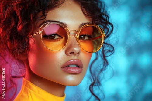 retro futuristic fashionista girl in stylish sunglasses set against a vibrant pop art backdrop capturing the essence of 60s70s disco culture with bold colors photo