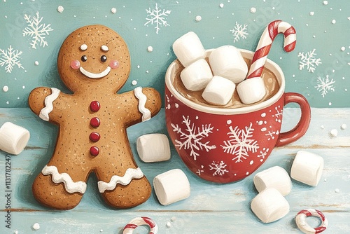 Gingerbread man cookie in cup of hot cocoa or coffee with marshmallow, fir tree, gifts and warm cozy sweater. Christmas greeting card, lights background. Xmas holiday decorations with copy space