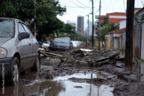 Wallpaper Mural A dramatic view of muddy streets littered with vehicles showcases the impact of severe rainfall, highlighting challenges faced in urban environments after natural disasters. Torontodigital.ca