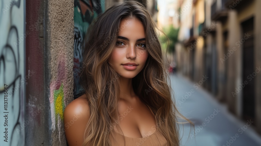 Fototapeta premium Woman with long brown hair stands in front of a wall with graffiti