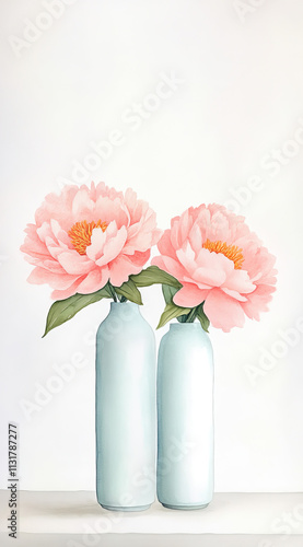 Isolated Watercolor of Lush Peonies in Pastel Vases for a Romantic Home Accent